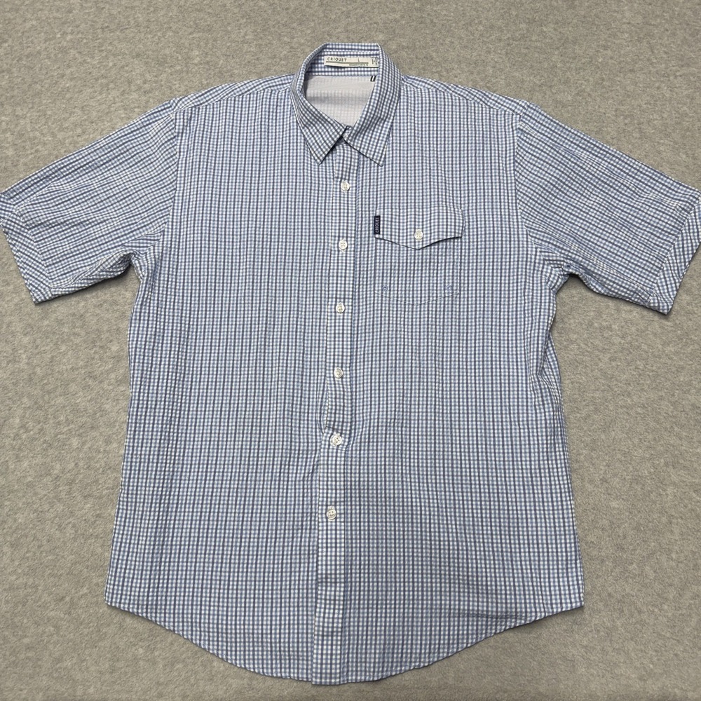 Criquet Shirt Mens L Blue Check Short Sleeve Button Up Lightweight Seersucker